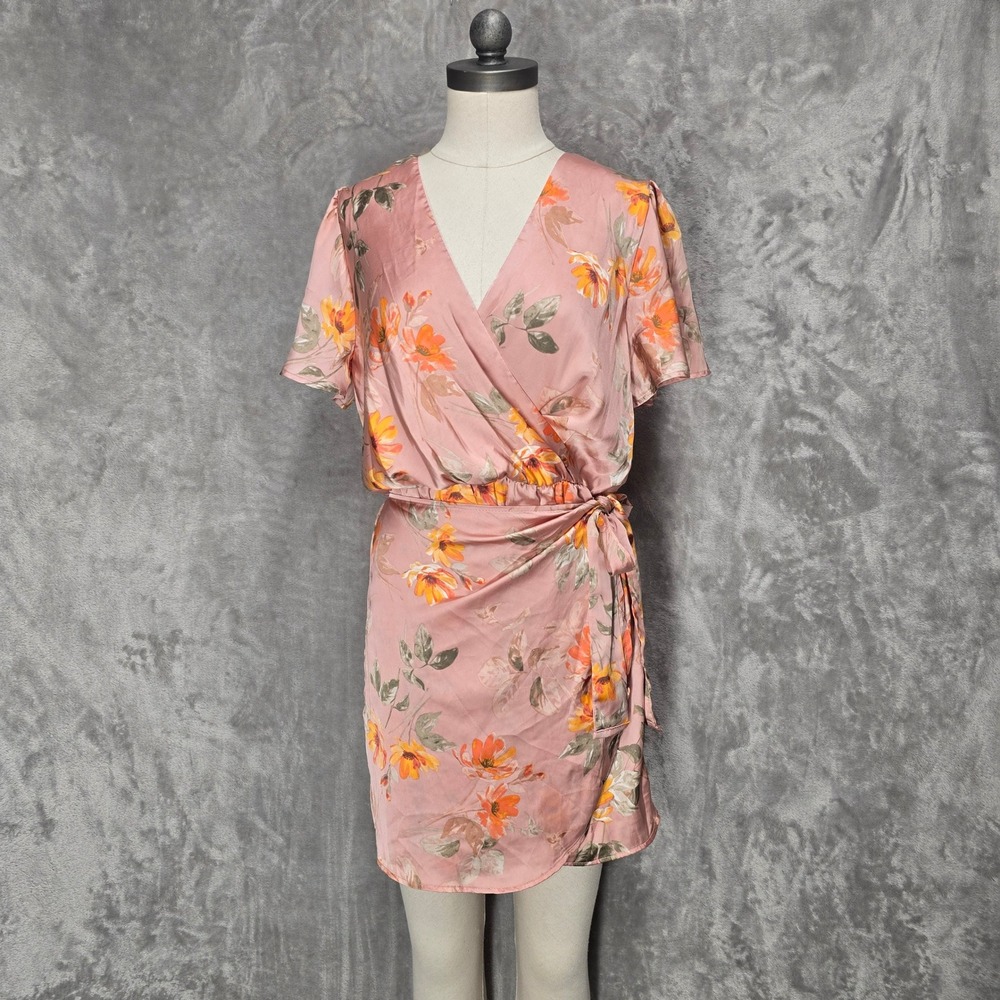Peach Love California Pink Floral Faux Wrap Satin Mini DressL Fairy Cottage Boho
